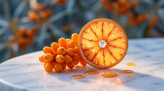 Sea buckthorn berries and blood orange slice in golden light